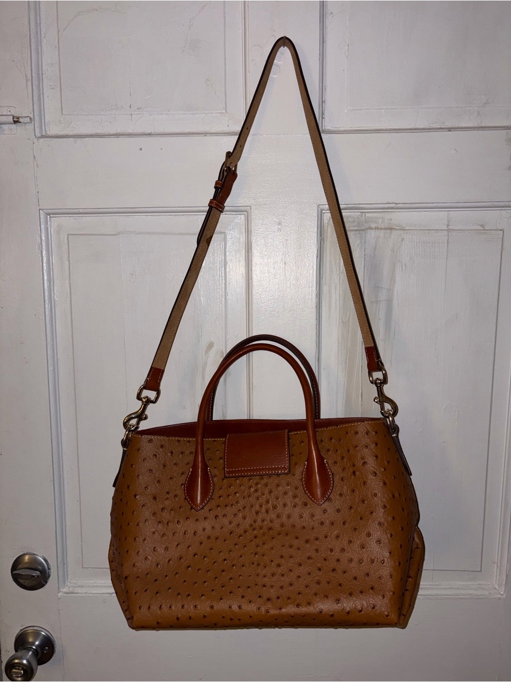 Dooney & Bourke Tan/Brown Ostrich-Embossed Satchel with Shoulder Strap - Picture 2 of 5